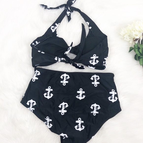 Nautical Anchor Swimsuit Retro Black White Halter High Waist - Picture 5 of 6